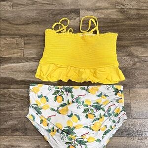 Maternity Yellow Ruffled Bikini Top and Lemon Print Bottoms